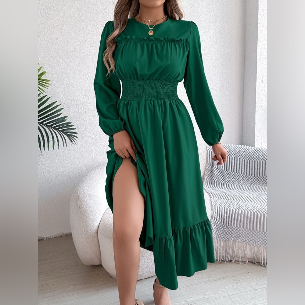 Round Neck Balloon Sleeve Tiered Dress